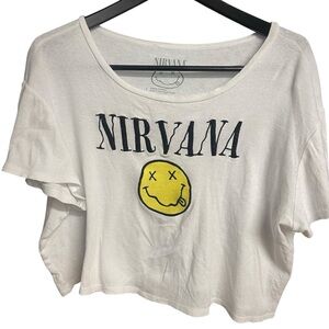 Nirvana White Embroidered Graphic Women's Crop Top Size L Grunge Rock Boxy 90s